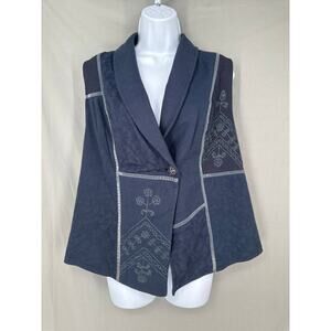 Coldwater Creek Vest Womens XL Navy Blue Embroidered Boho Patchwork Artsy Button